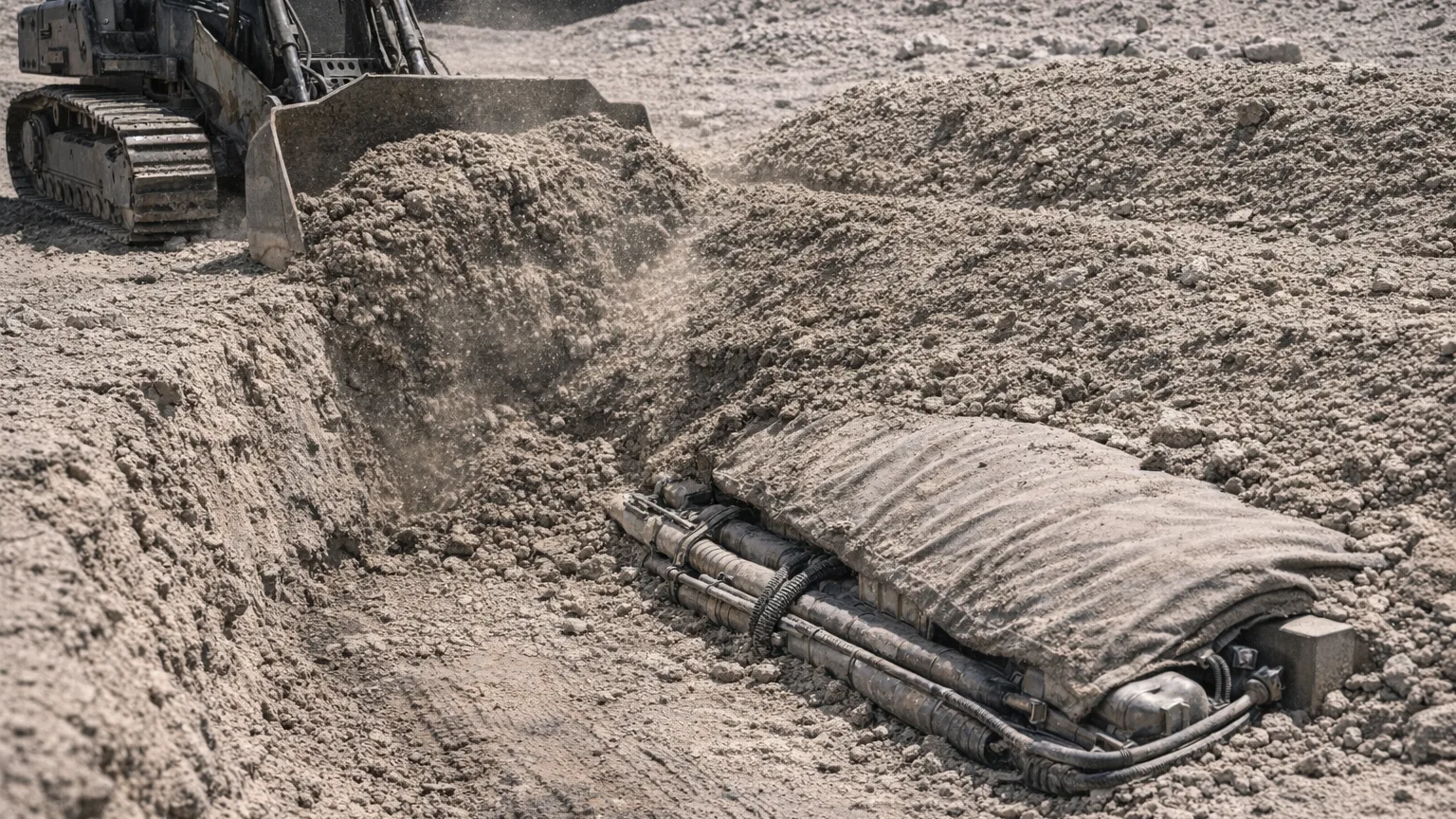 Lunar dozer pushing trench spoil into a fresh berm beside utility hardware