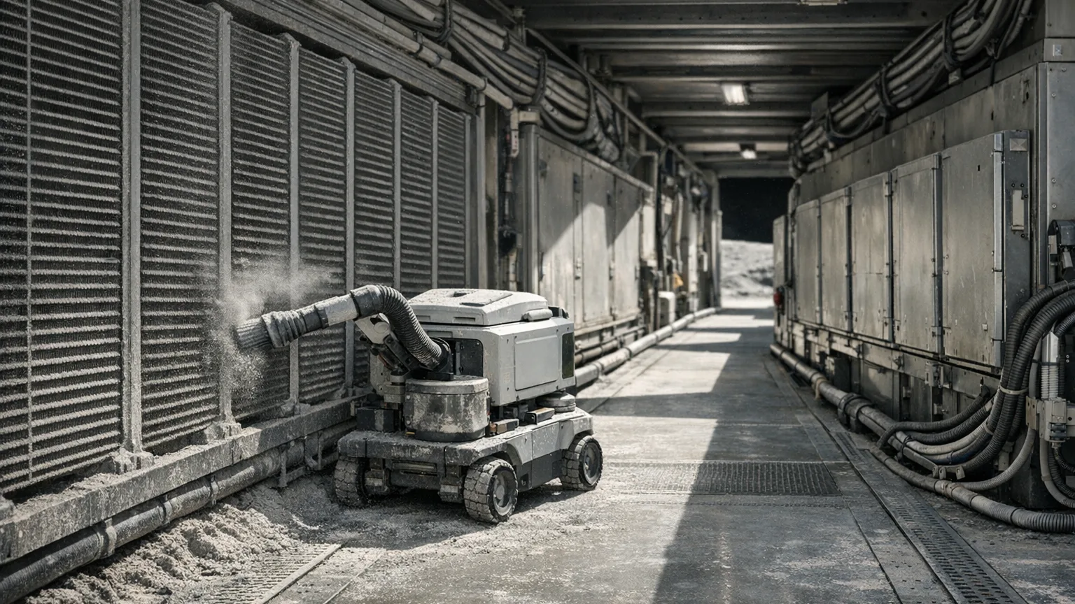 Lunar maintenance corridor with a compact robot cleaning dust from radiator fins beside sealed utility housings