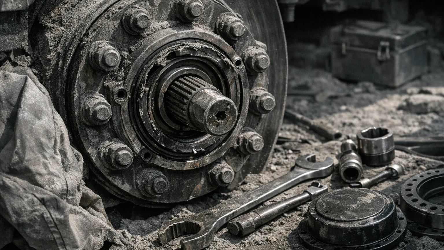 Close-up of a lunar haul vehicle hub and seal assembly being serviced in a dusty maintenance bay