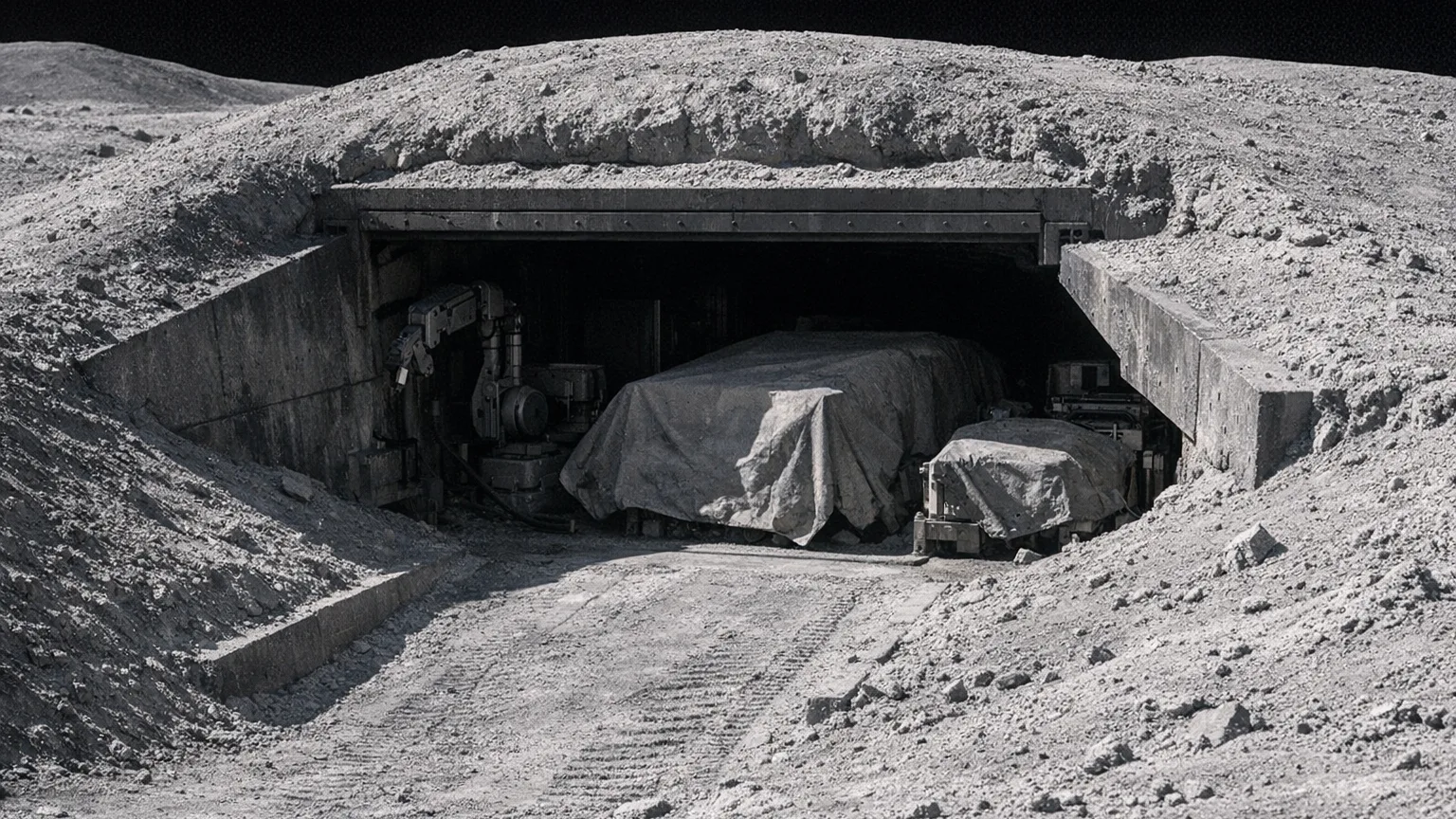 Partially buried lunar service bay with regolith overburden, berm-backed walls, and covered equipment