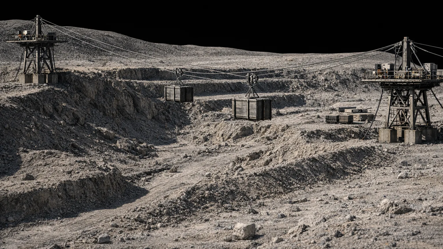Cable-assisted freight line carrying cargo across broken lunar terrain between rugged work platforms