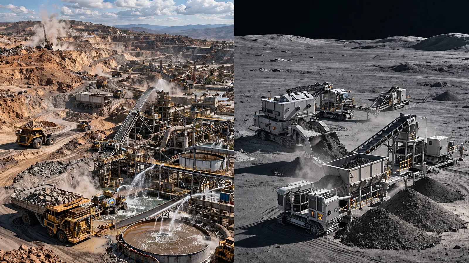 Lunar worksite with regolith handling machines collecting surface material for processing