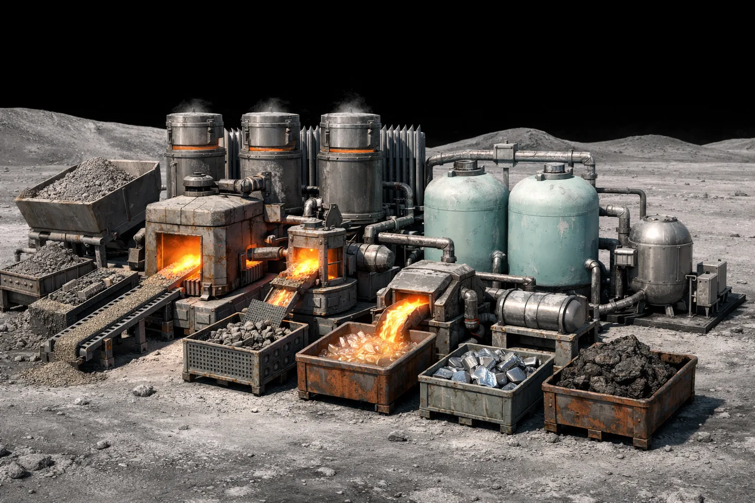 Lunar regolith oxygen extraction hardware with tanks, heaters, and surface mining equipment