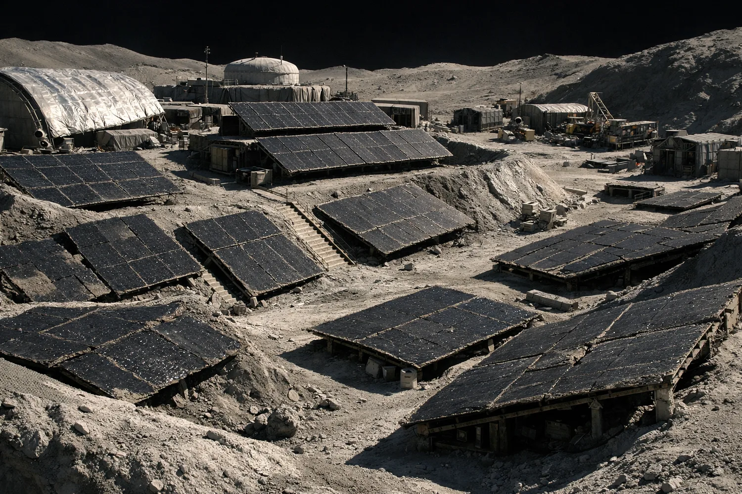 Dusty lunar process line under maintenance with seals, conveyors, heaters, and inspection gear