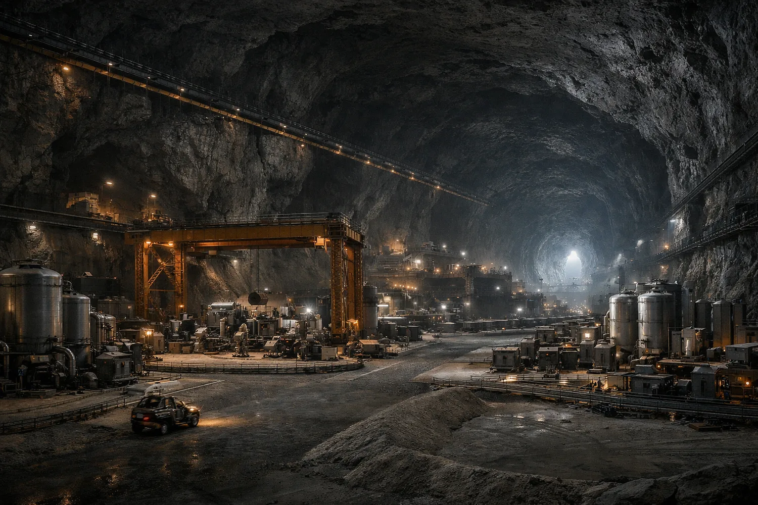 Permanently shadowed lunar industrial zone with cryogenic storage hardware and volatile handling equipment