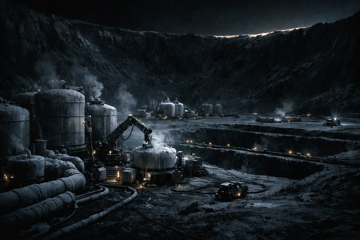Lunar lava tube fit-out with regolith floors, equipment bays, cable runs, and protected industrial volume
