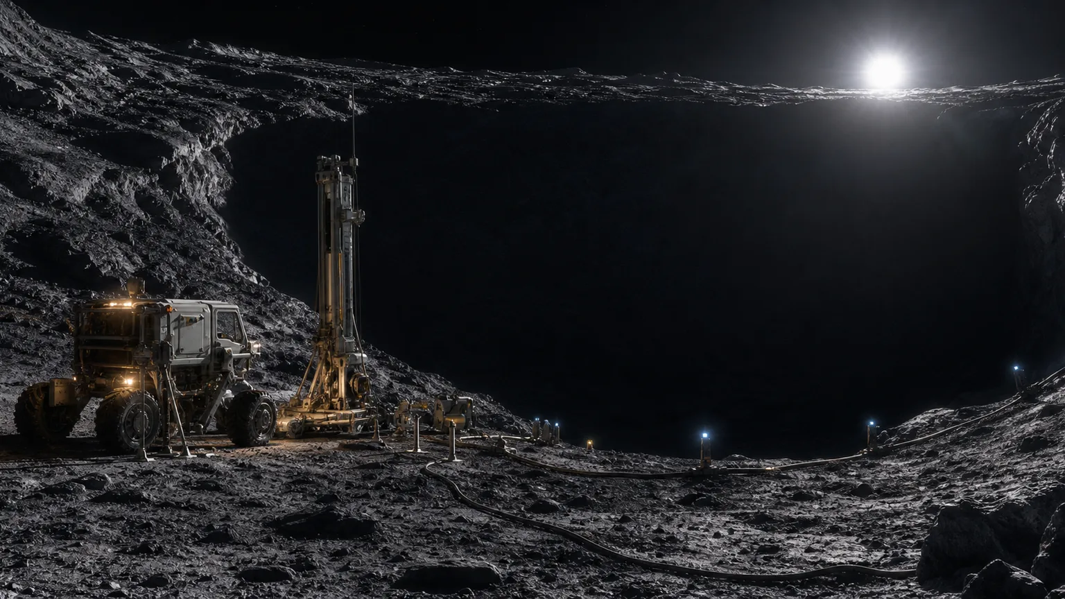 Robotic lunar worksite at the rim of a permanently shadowed crater