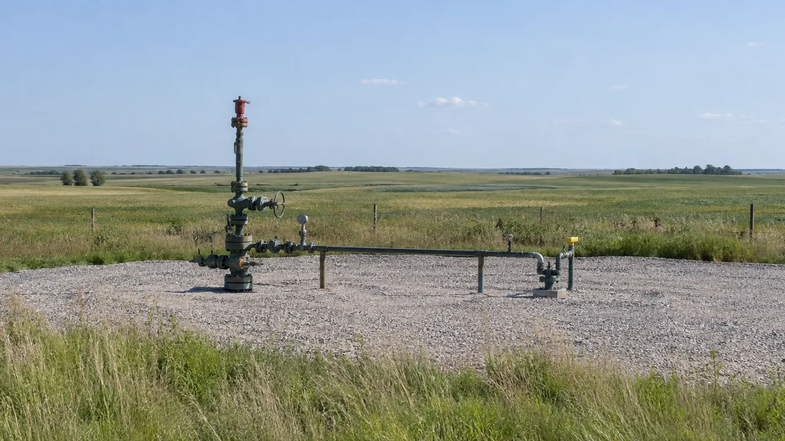 Modest exploration well pad with a short pipe, valves, and a flow line on a gravel pad in open farmland