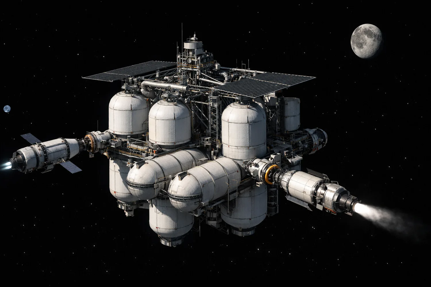 Orbital propellant depot with tanks, docking ports, transfer lines, and spacecraft arriving in cislunar space