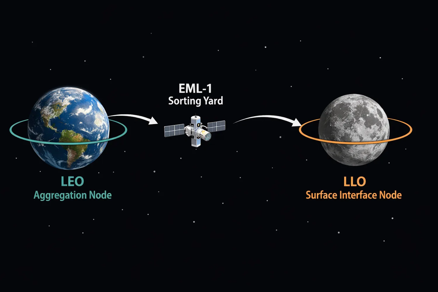 Cislunar logistics scene showing an orbital staging point between Earth and the Moon