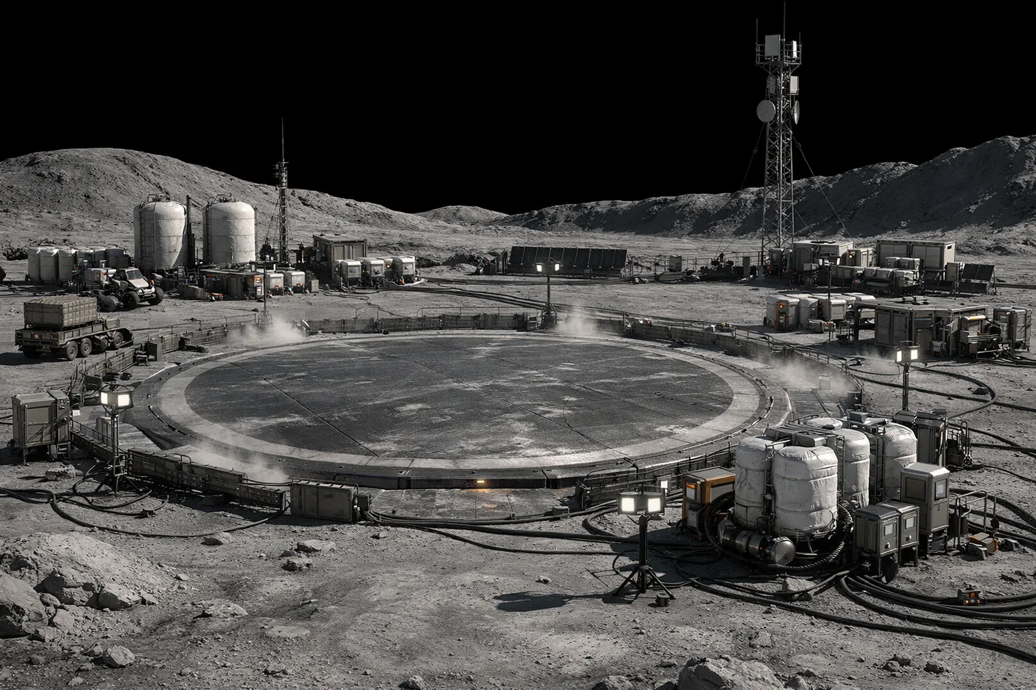 Lunar landing pad and service area built from local surface material with blast protection and work vehicles
