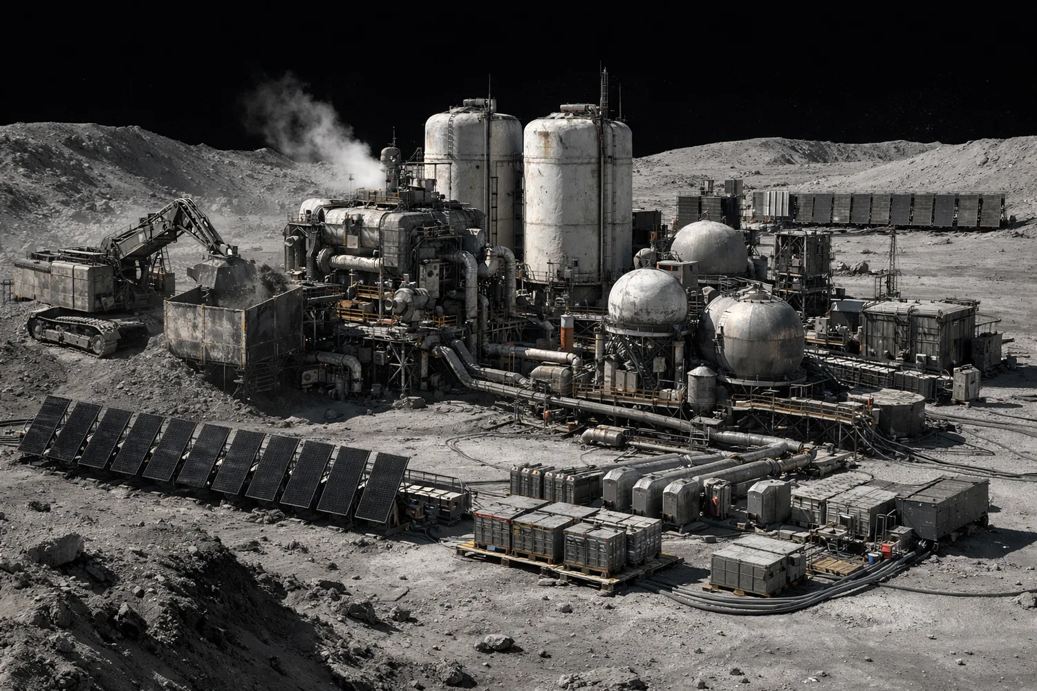 Rugged lunar oxygen processing plant with radiators, tanks, excavation hardware, and dust-covered service lanes