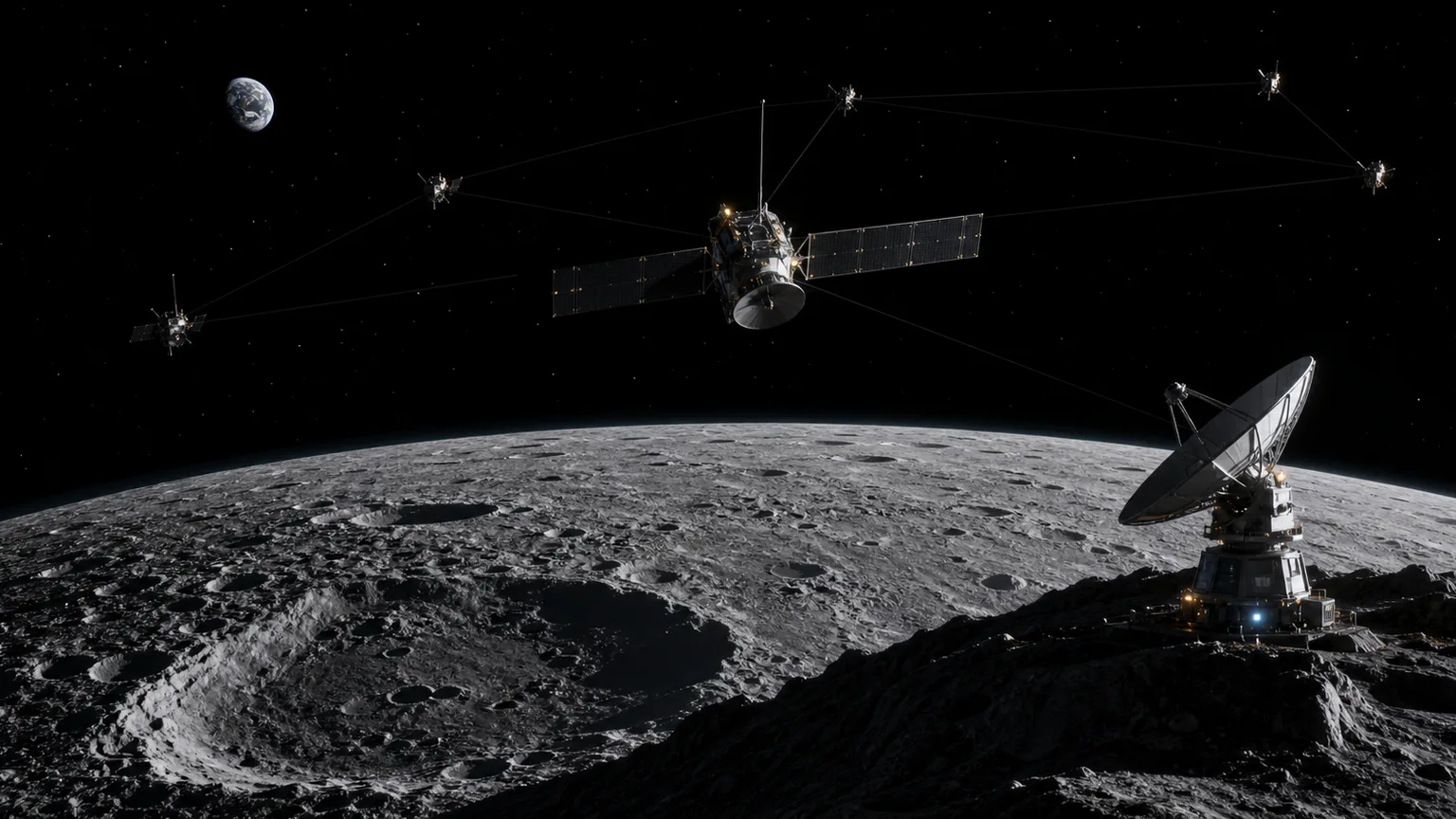 Lunar relay satellites and a ground antenna station above the Moon
