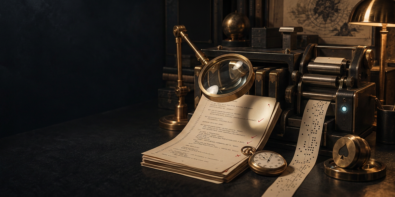 A brass magnifier over printed Python source pages beside a stopwatch and a spade seal