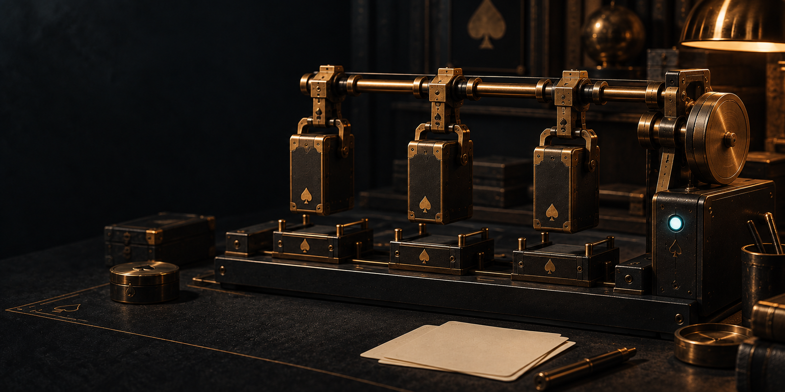 Three identical brass arms on one test bench, each holding an identical black storage cartridge, all driven by a single shaft and wheel