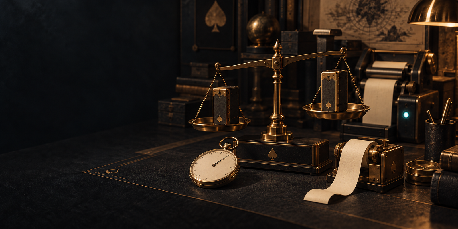 A brass balance scale weighing two identical black storage cartridges, with a stopwatch and a roll of blank paper tape in front of it