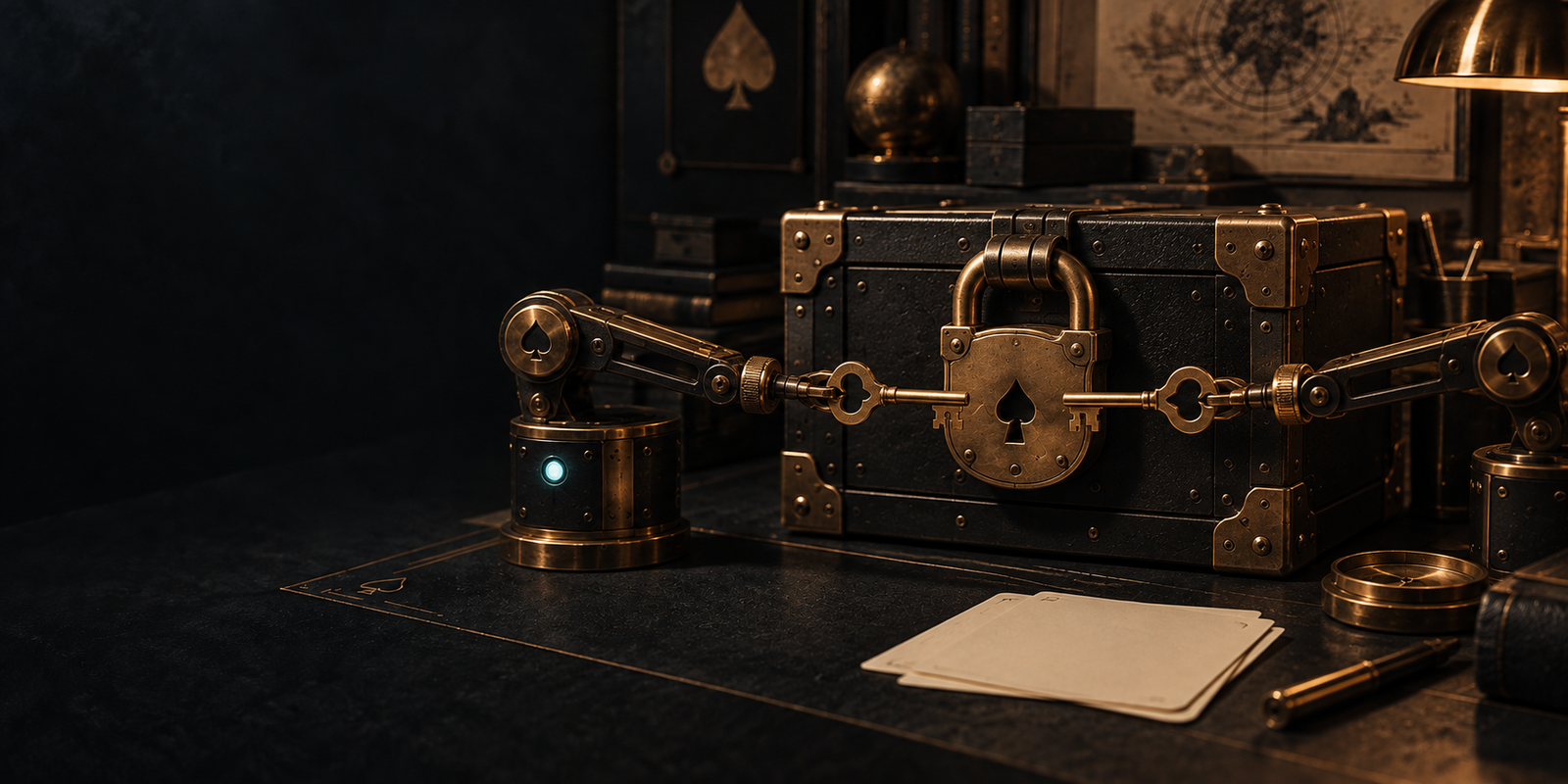 A black strongbox closed by one brass padlock, with two mechanical arms reaching for the same keyhole from either side, each holding a key