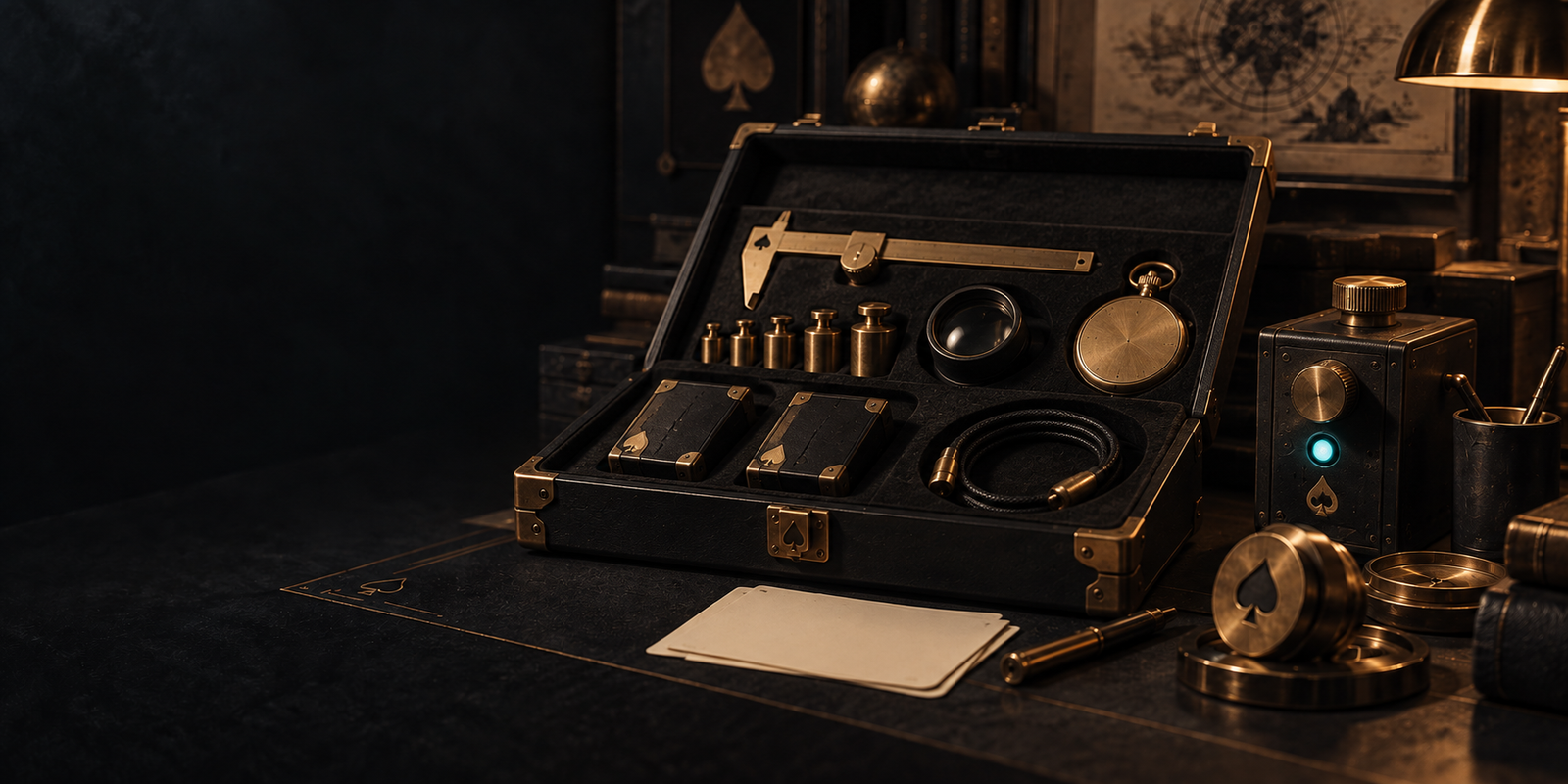 An open instrument case holding a brass caliper, a row of weights, a loupe, a stopwatch, a coiled cable and two storage cartridges